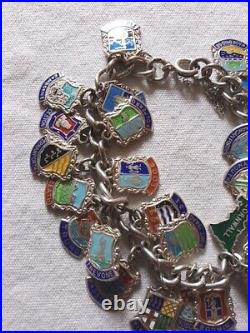 Vintage Sterling Silver Enamelled Travel Shield Charm Chain Bracelet 27 Charms