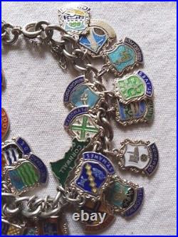 Vintage Sterling Silver Enamelled Travel Shield Charm Chain Bracelet 27 Charms