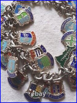 Vintage Sterling Silver Enamelled Travel Shield Charm Chain Bracelet 27 Charms