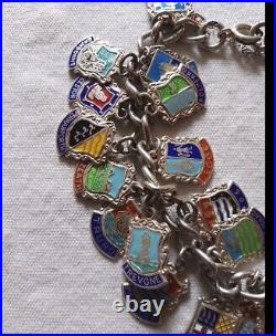 Vintage Sterling Silver Enamelled Travel Shield Charm Chain Bracelet 27 Charms