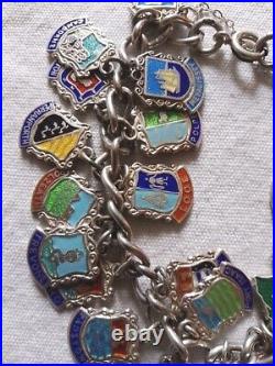 Vintage Sterling Silver Enamelled Travel Shield Charm Chain Bracelet 27 Charms