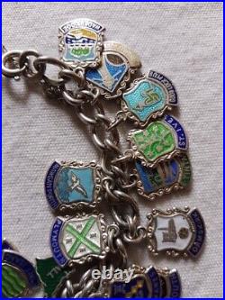 Vintage Sterling Silver Enamelled Travel Shield Charm Chain Bracelet 27 Charms