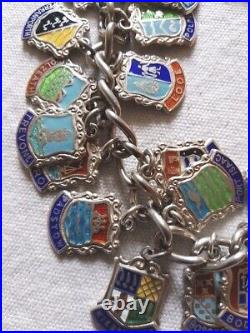 Vintage Sterling Silver Enamelled Travel Shield Charm Chain Bracelet 27 Charms