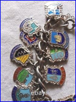 Vintage Sterling Silver Enamelled Travel Shield Charm Chain Bracelet 27 Charms