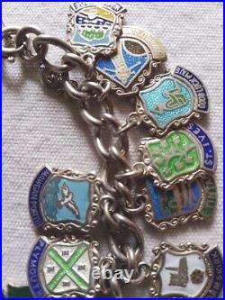 Vintage Sterling Silver Enamelled Travel Shield Charm Chain Bracelet 27 Charms