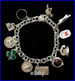 Vintage Sterling Silver Going Steady Enamel Clover Charm Bracelet 7.25