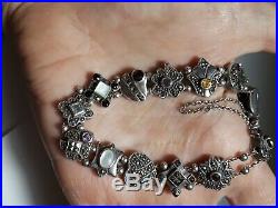 Vintage Sterling Silver Marcasite Gem Slide Charm Bracelet Amethyst Garnet MOP