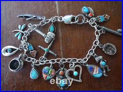 Vintage Sterling Silver Navajo Indian Charm Bracelet With 18 Fine Native Charms