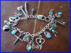 Vintage Sterling Silver Navajo Indian Charm Bracelet With 18 Fine Native Charms