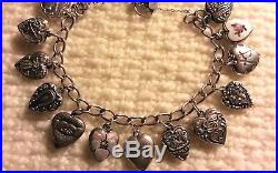 Vintage Sterling Silver PUFFY HEART Charm Bracelet & 14 Charms, 7.50, Repousse