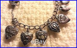 Vintage Sterling Silver PUFFY HEART Charm Bracelet & 14 Charms, 7.50, Repousse