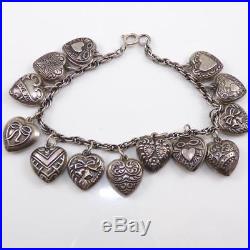Vintage Sterling Silver Puffy Heart Charm Antique Chain Link Bracelet 7 LDE17