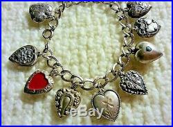 Vintage Sterling Silver Puffy Heart Charm Bracelet & 12 Charms, Lampl, Enamels, 7