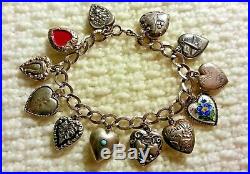 Vintage Sterling Silver Puffy Heart Charm Bracelet & 12 Charms, Lampl, Enamels, 7