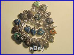 Vintage Sterling Silver Puffy Heart Charm Bracelet -20 charms