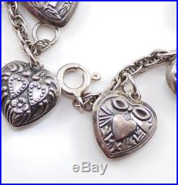 Vintage Sterling Silver Puffy Heart Love Dangle Charm Bracelet 6.75 LDA17