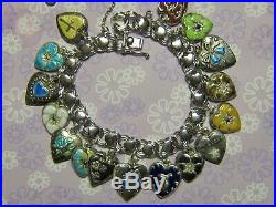 Vintage Sterling silver charm bracelet 16 enameled puffy heart charms
