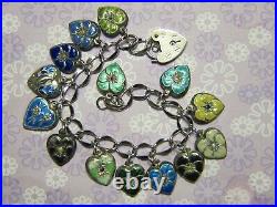 Vintage Sterling silver enameled puffy heart charm bracelet-14 charms