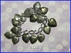 Vintage Sterling silver enameled puffy heart charm bracelet-14 charms