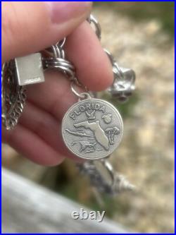Vintage TC Sterling Silver Triple Link Charm Bracelet 15 Charms Stein Florida +