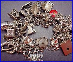 Vintage US TRAVEL Sterling Silver CHARM BRACELET 128g 32Charms many Moving Parts