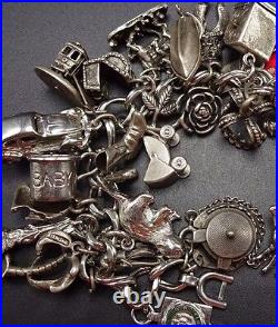 Vintage US TRAVEL Sterling Silver CHARM BRACELET 128g 32Charms many Moving Parts