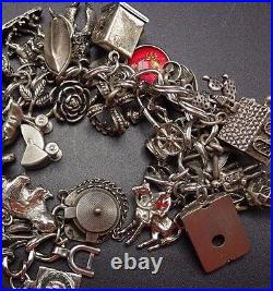 Vintage US TRAVEL Sterling Silver CHARM BRACELET 128g 32Charms many Moving Parts