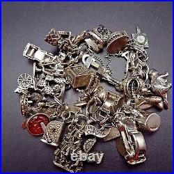 Vintage US TRAVEL Sterling Silver CHARM BRACELET 128g 32Charms many Moving Parts