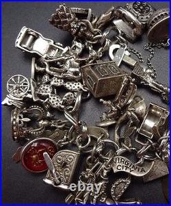 Vintage US TRAVEL Sterling Silver CHARM BRACELET 128g 32Charms many Moving Parts