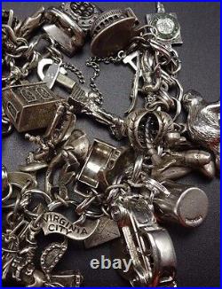 Vintage US TRAVEL Sterling Silver CHARM BRACELET 128g 32Charms many Moving Parts