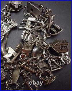 Vintage US TRAVEL Sterling Silver CHARM BRACELET 128g 32Charms many Moving Parts