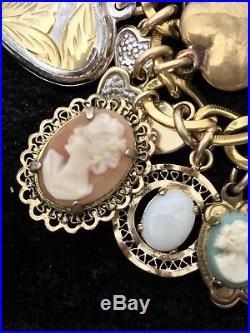 Vintage Victorian Puffy Heart Carved Cameo Gold Filled 925 Silver Charm Bracelet
