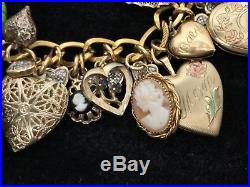 Vintage Victorian Puffy Heart Carved Cameo Gold Filled 925 Silver Charm Bracelet