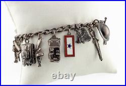 Vintage WWI US Military Sterling Silver Charm Bracelet with 15 Charms