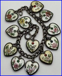 Vintage Walter Lampl Puffy Heart Enamel Birthday Sterling Silver Charm Bracelet