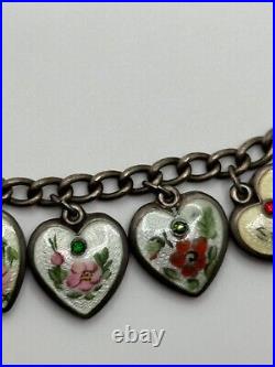 Vintage Walter Lampl Puffy Heart Enamel Birthday Sterling Silver Charm Bracelet