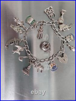 VintageSterling Silver Charm Bracelet with Heart Padlock and 15 + 1 Charms