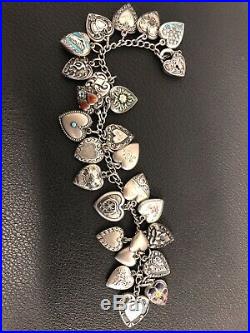 Vtg 1940's Sterling Silver 26 Puffy Heart Charm Bracelet Guilloche Enamel P1