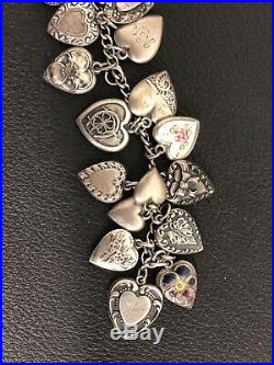 Vtg 1940's Sterling Silver 26 Puffy Heart Charm Bracelet Guilloche Enamel P1