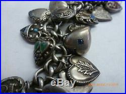 Vtg 1940's Sterling Silver 27 Puffy Heart Charm Bracelet Guilloche Some Enamel