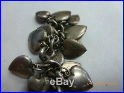 Vtg 1940's Sterling Silver 27 Puffy Heart Charm Bracelet Guilloche Some Enamel