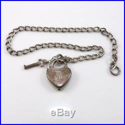 Vtg Antique Walter Lampl Sterling Silver Puffy Heart Key Charm Bracelet LFJ3
