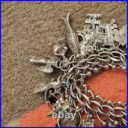 Vtg Krementz Sterling Silver Charm Bracelet 6 L, Wt-108g 40 Charms READ Rare