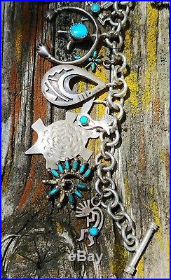 Vtg Native American Turquoise Sterling Silver Charm Bracelet