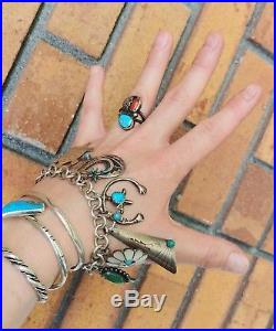 Vtg Native American Turquoise Sterling Silver Charm Bracelet