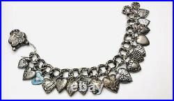 Vtg Sterling Silver 18 PUFFY HEART Enamel & Gemstone Charms on Repousse Bracelet