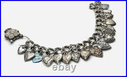 Vtg Sterling Silver 18 PUFFY HEART Enamel & Gemstone Charms on Repousse Bracelet