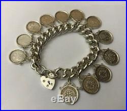 Vtg Sterling Silver English Charm Bracelet 12 Threepence 3d Coins In Mounts