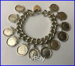 Vtg Sterling Silver English Charm Bracelet 12 Threepence 3d Coins In Mounts