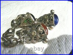 Vtg. Sterling Silver Italian Etruscan Fob Charm Bracelet